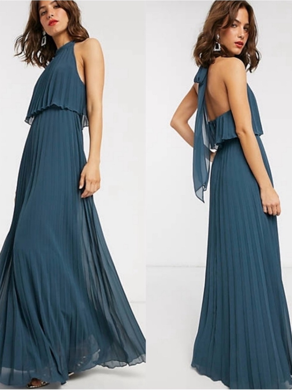 ASOS Slate Blue Halter Pleated Maxi Dress